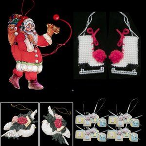 8 VINT CHRISTMAS ORNAMENTS: SANTA DOVE SCATES BABY